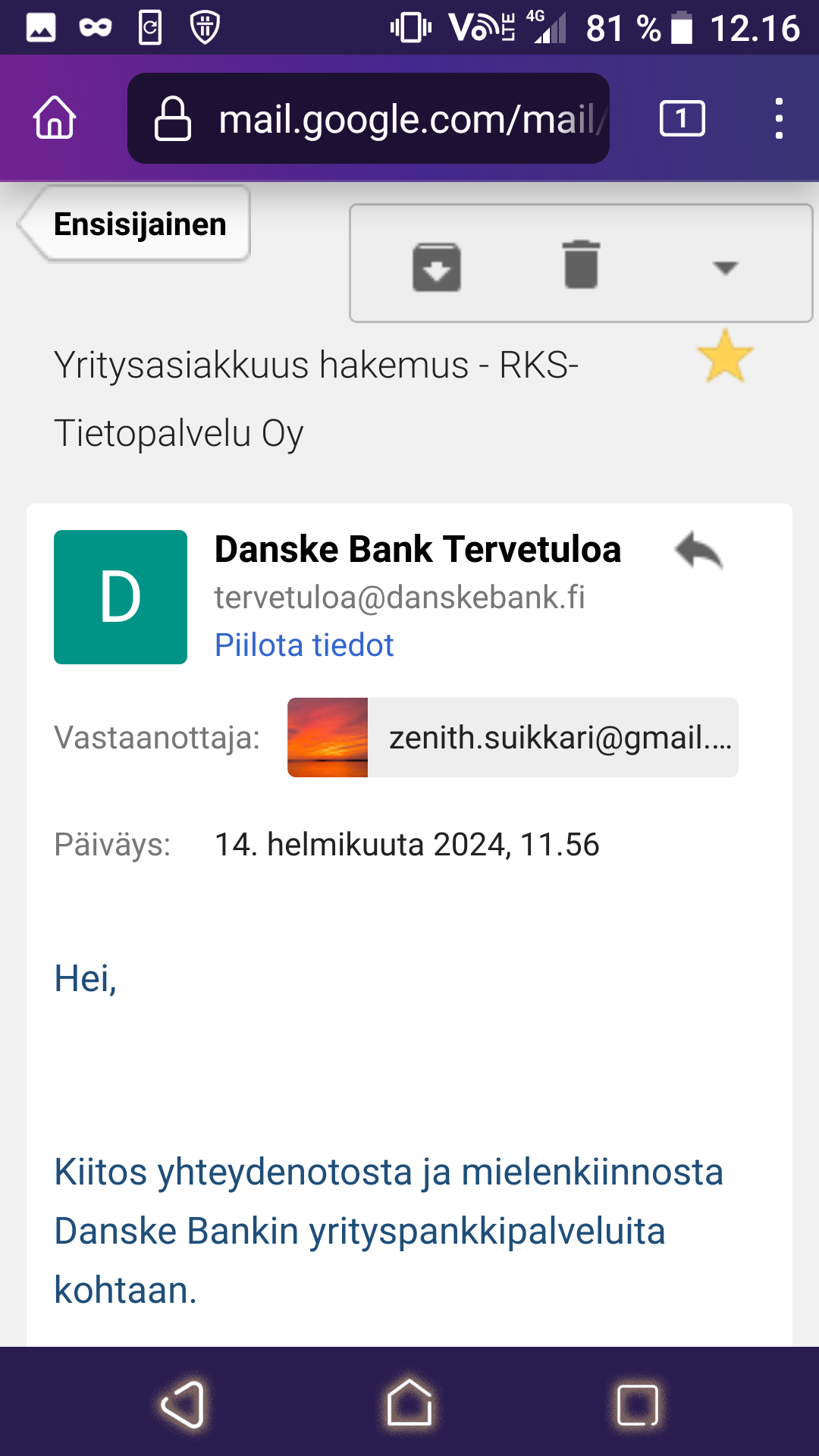 Danske Bank, yritysasiakkuuden avaamisen est&auml;minen, screenshot 1/4